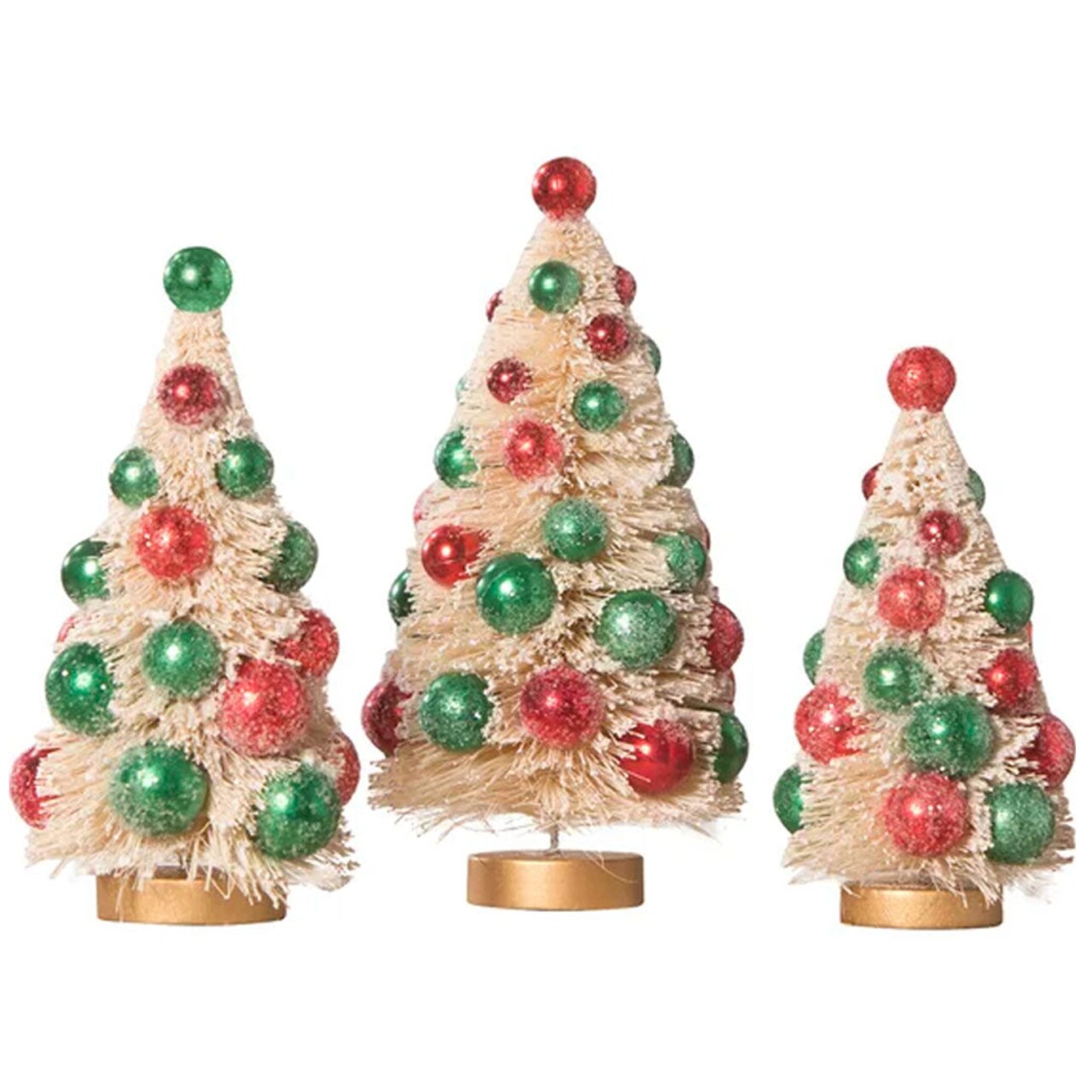 White Bottle Brush Trees with Red and Green Beads - Set of 3
